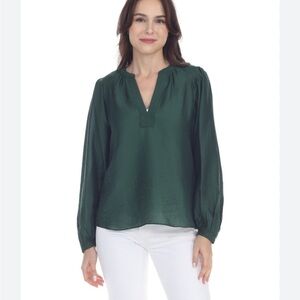 Current Air Kristie Open Placket Pleated Blouse Hunter Green Long Sleeve Sz XS
